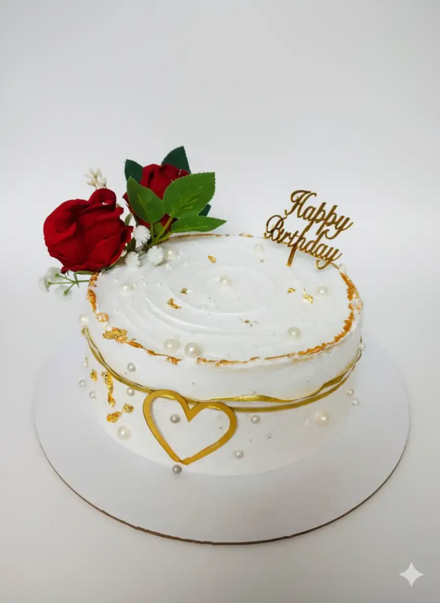 Elegant White Birthday Cake with Red Roses